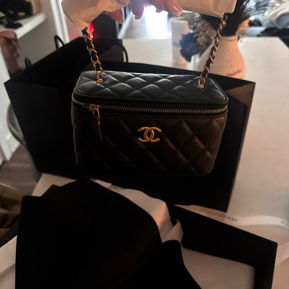 CHANEL Black Quilted Vanity Mini Bag with Gold Chain